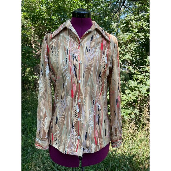 Vintage 1970s Womens Blouse Abstract Wheat plant Pattern Boho - Picture 10 of 10